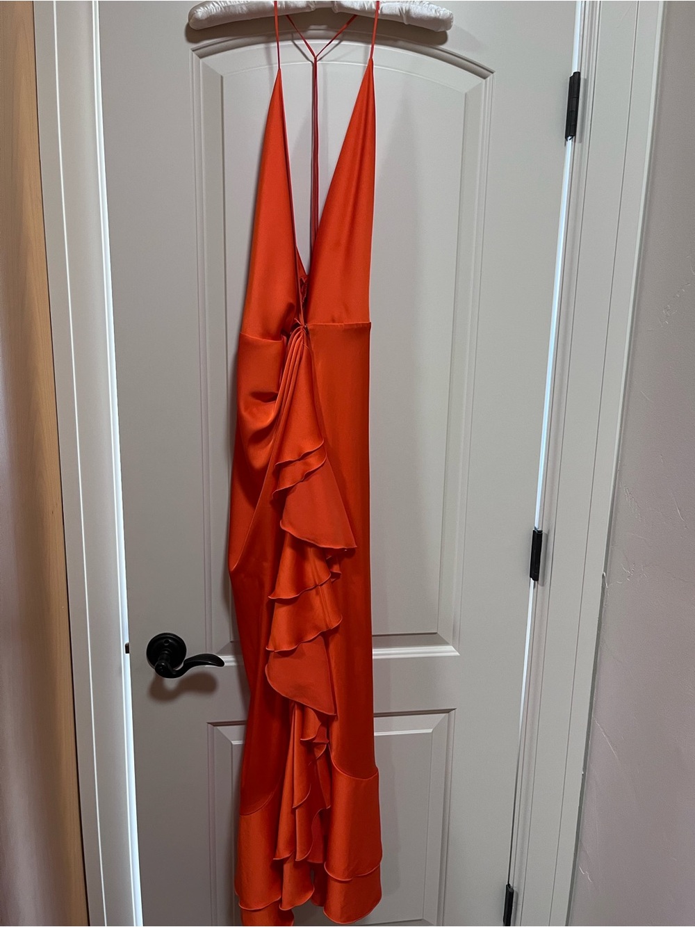 Asymmetrical Orange Ruffle Slip Dress with Deep V